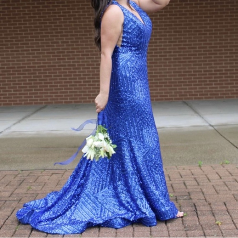 Mia Vega Royal Blue Sequin Hi Low Evening Prom Formal Gown Dress Sz 16 Like New - Picture 9 of 13